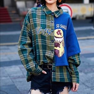 WORN ONCE super cute plaid half unique top sz M